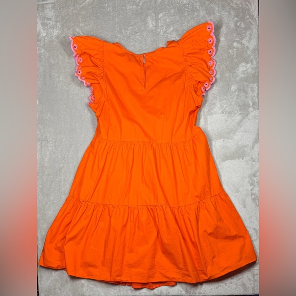 J.Crew Tiered Pink Embroidered Ruffle Sleeve 100% Cotton Orange Mini Dress Large - Picture 12 of 16